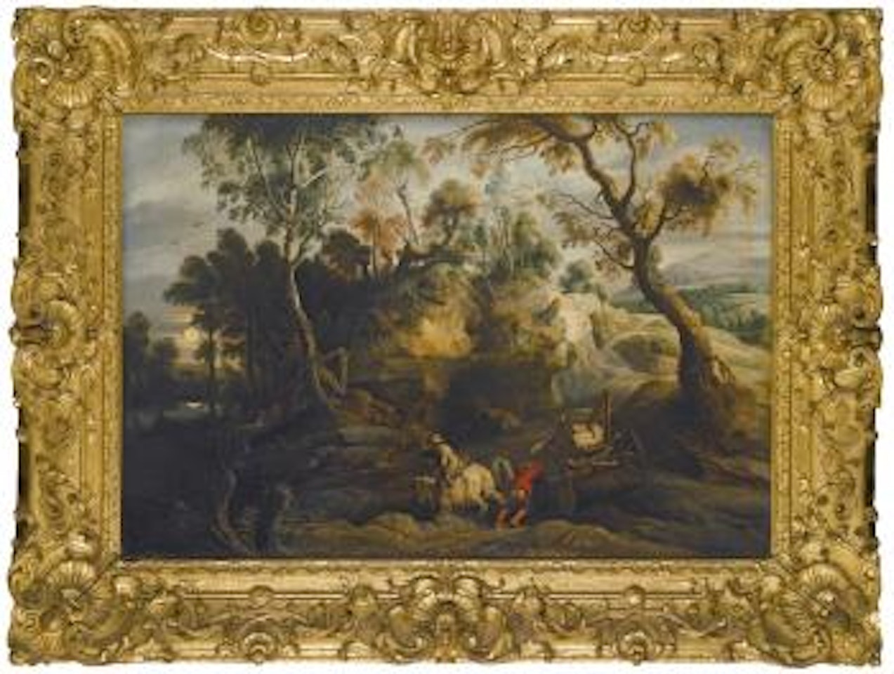 Figures And A Cart In An Extensive Rocky Landscape by Peter Paul Rubens