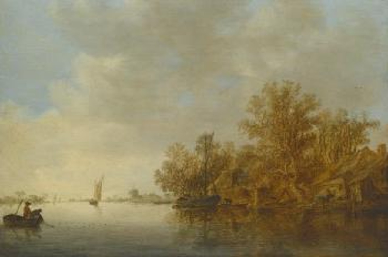 A River Landscape With Two Fishermen In A Boat, Hauling In Their Nets, And An Unrigged Fishing Pink Moored At The Wooded River Bank Of A Small Settlement by Jan van Goyen