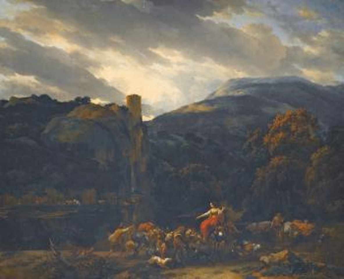 Italianate Landscape With A River Beneath A Castle Atop A Rocky Bluff, Muleteers And Drovers In The Foreground by Nicolaes Pietersz Berchem