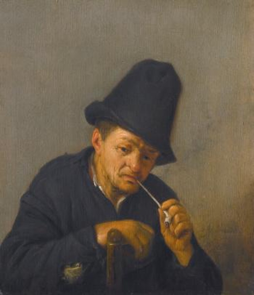An Old Man With In A Tall Hat Leaning On A Chair Back And Smoking A Clay Pipe by Adriaen van Ostade
