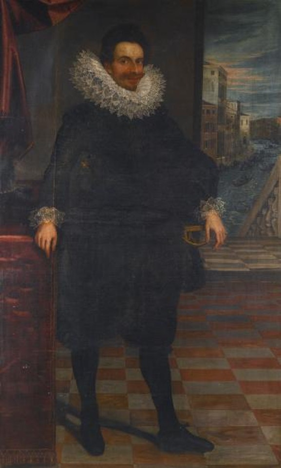 Portrait Of A Gentleman, Full-length, Standing In An Interior, A View Of Venice Beyond by Venetian School