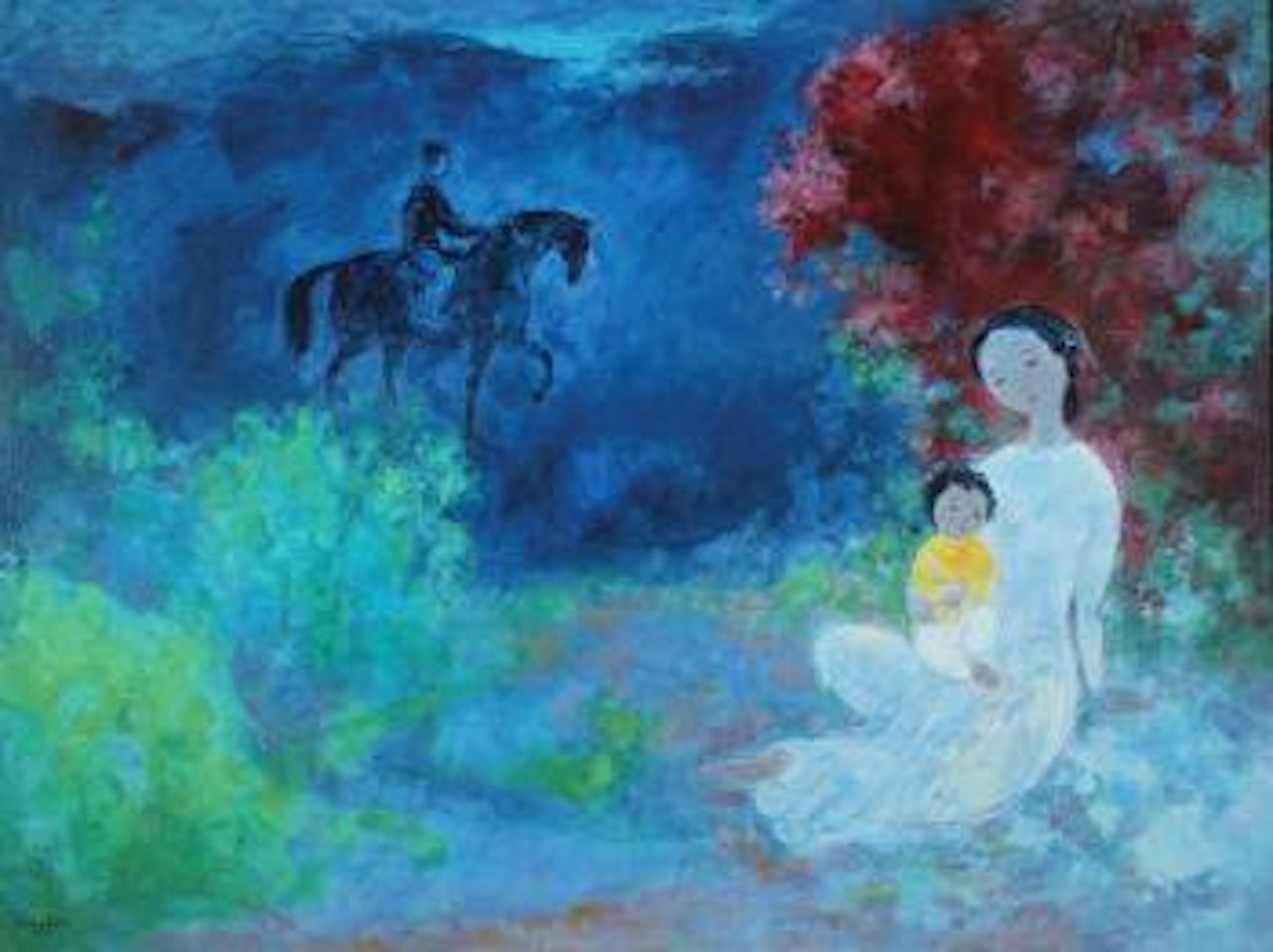 Mother and child in a landscape with horse rider by Vu Cao Dam