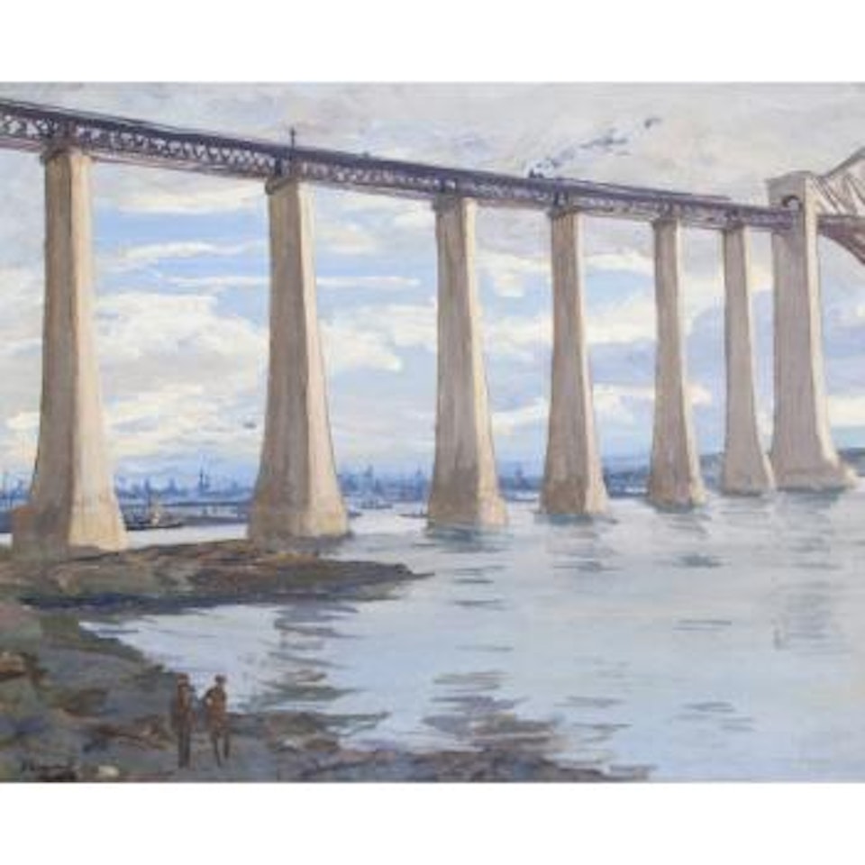 Kite Balloon and Grand Fleet in the Distance, The Piers, Forth Bridge by John Lavery