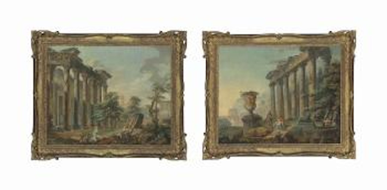 The Forum, Rome, with the Temple of Antoninus and Faustina and figures resting in the foreground; and the Forum, Rome, with the Temple of Saturn and figures conversing and resting by a sculpted vase by Hubert Robert
