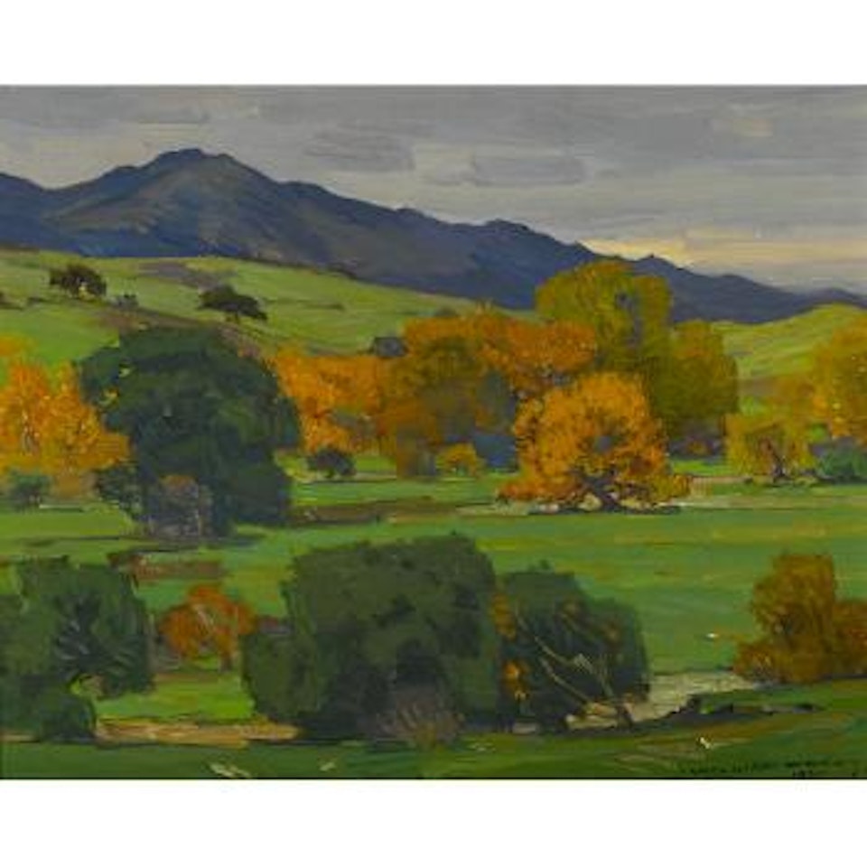 California landscape depicting autumn oaks on a rolling hillside with mountains beyond, 1924 by William Wendt