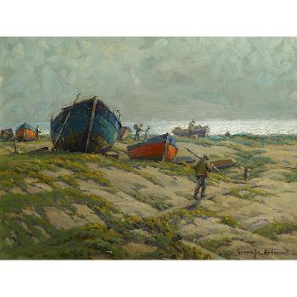 Fishermen and fishing boats on the shore by Granville Redmond