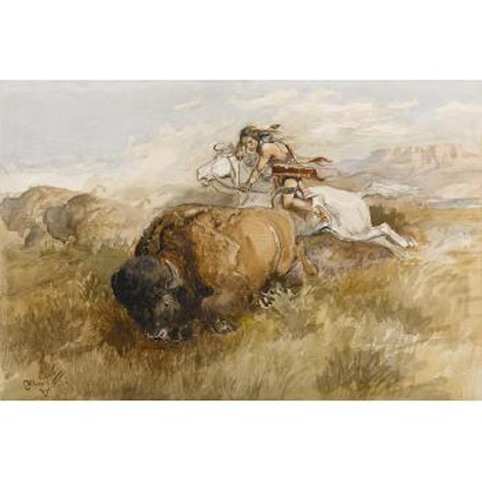 The chase (Indian on a white horse shooting a buffalo) by Charles M Russell