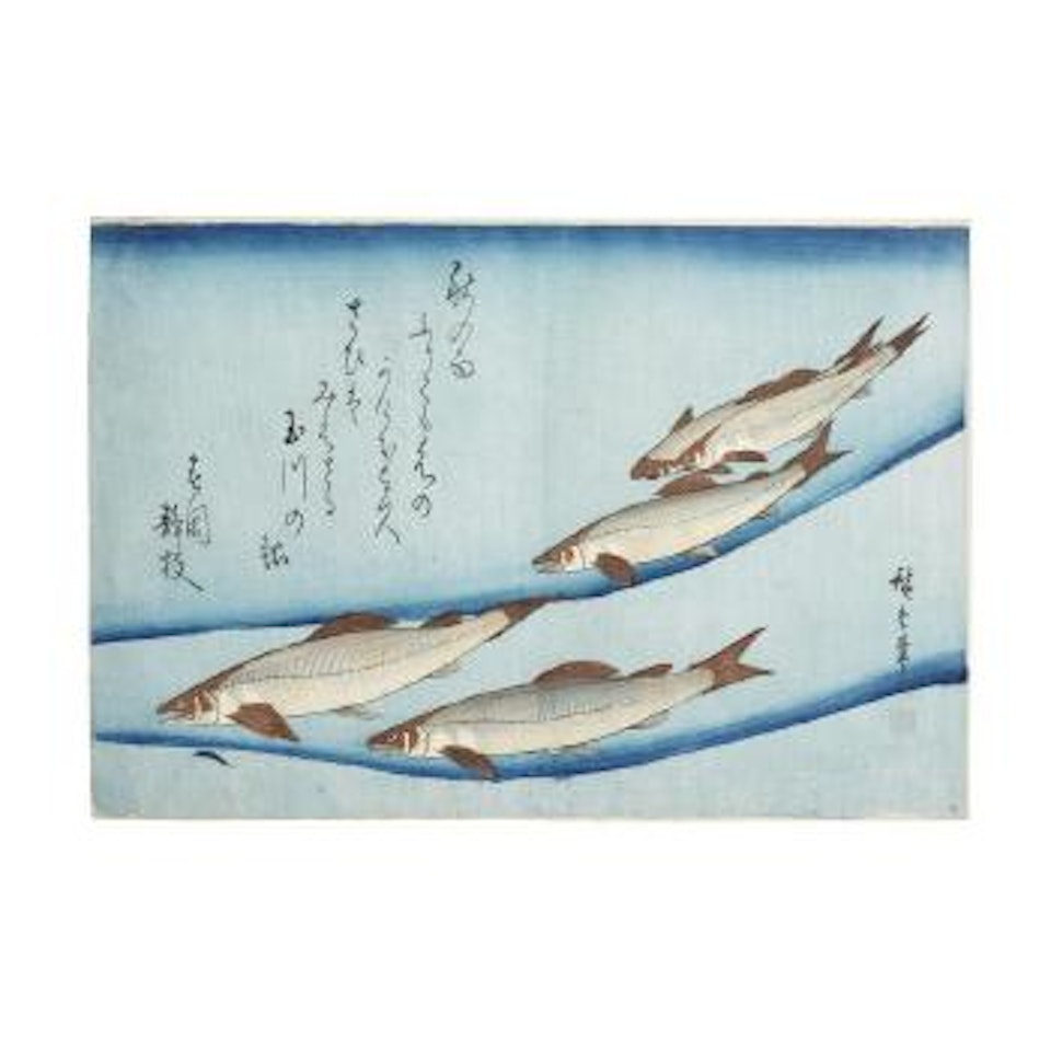 Fish and shellfish in a composition with seasonal plants with one or two kyoka poems in the upper section by Utagawa Hiroshige
