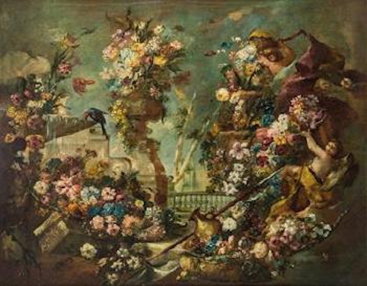 Idealisierter Schlosspark mit Blumenranken, Papagei und schwebenden Putti by Venetian School