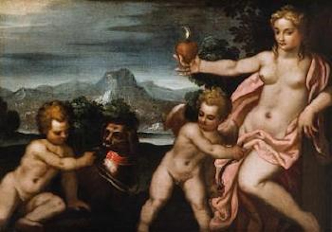 Venus und Amor in gebirgiger Flusslandschaft by Italian School