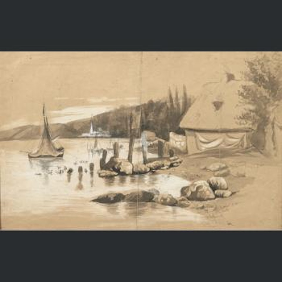 Chaumière et petits voiliers au bord de l’eau by Eugène Boudin
