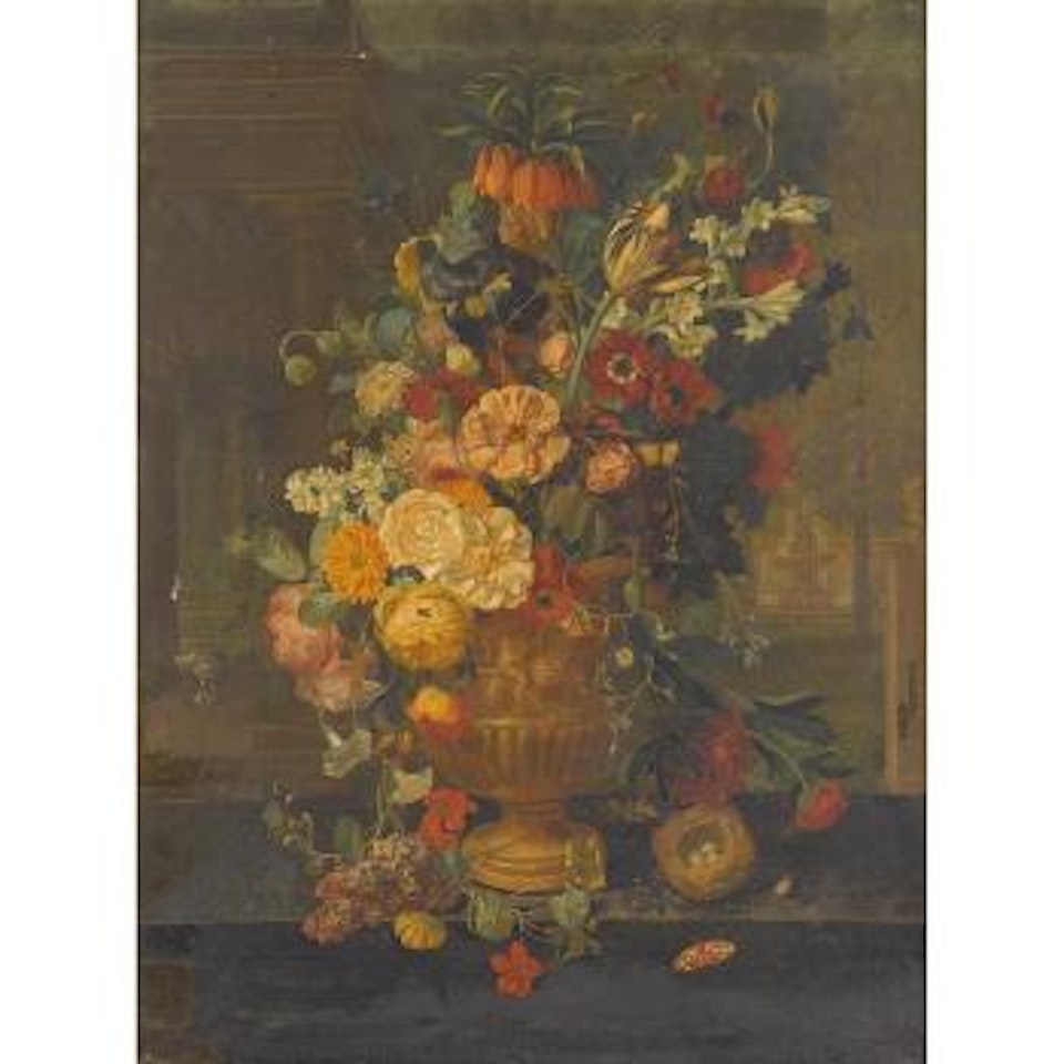 Still life of mixed flowers in an urn with birds nest, mouse and butterfly on a ledge by Jean François Eliaerts