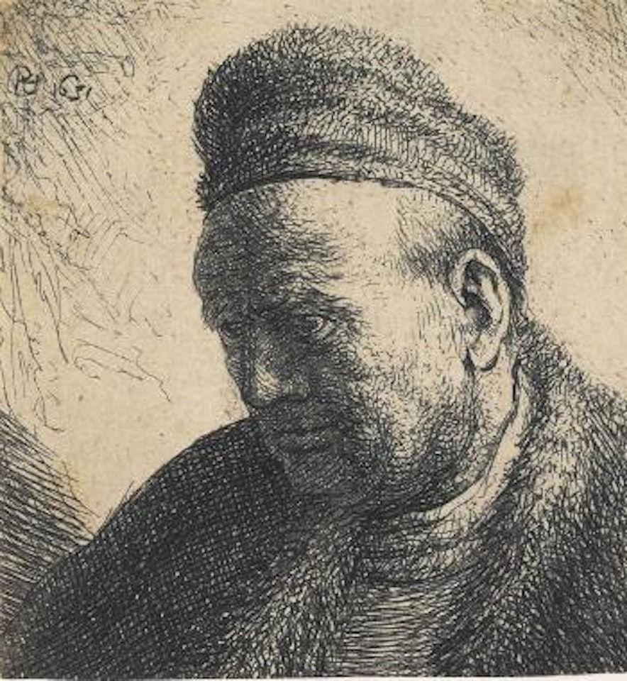 A beardless Man in a Fur Cloak and Cap: Bust by Attributed to Rembrandt Harmensz van Rijn