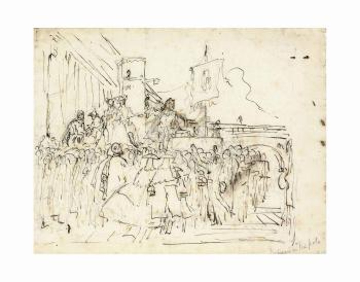 A crowd watching a charlatan (recto); A flying angel (verso) by Giovanni Domenico Tiepolo