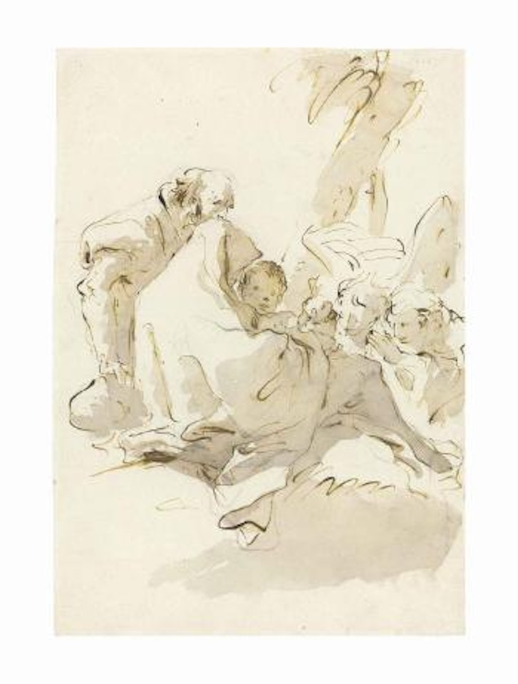 The Holy Family resting on the Flight into Egypt, with two angels kneeling and offering food by Giovanni Battista Tiepolo
