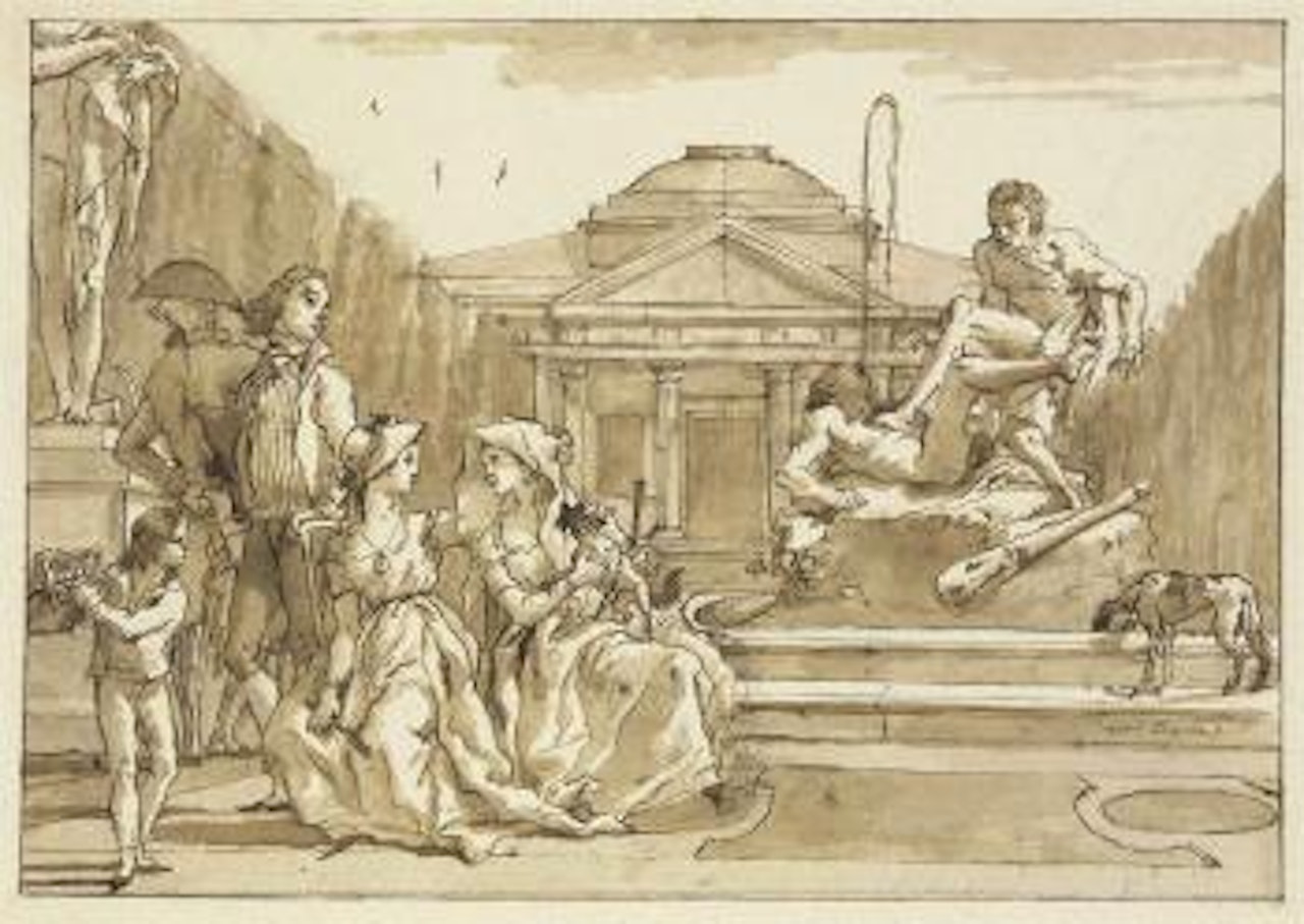 A scenes from everyday life: Two ladies with their cavaliers before a fountain by Giovanni Domenico Tiepolo