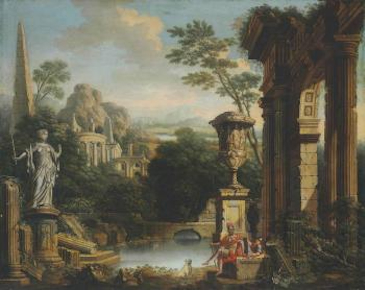 An Arcadian River Landscape with Soldiers Resting Among Classical Ruins by John Wootton