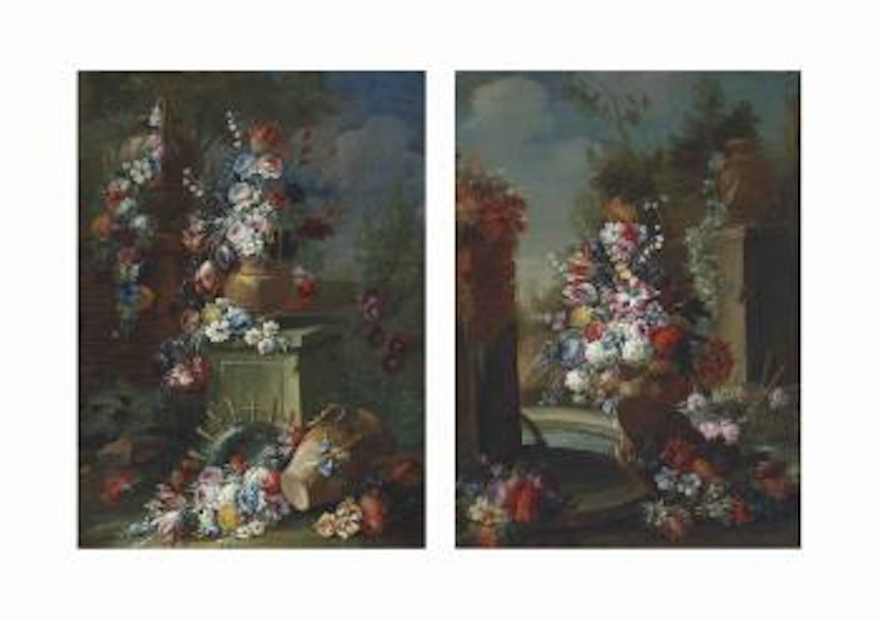Roses, tulips, carnations, snowballs and other flowers in an urn by a fountain, with chrysanthemums, carnations, roses, and other flowers overflowing from a wicker basket, a landscape beyond by Gasparo Lopez