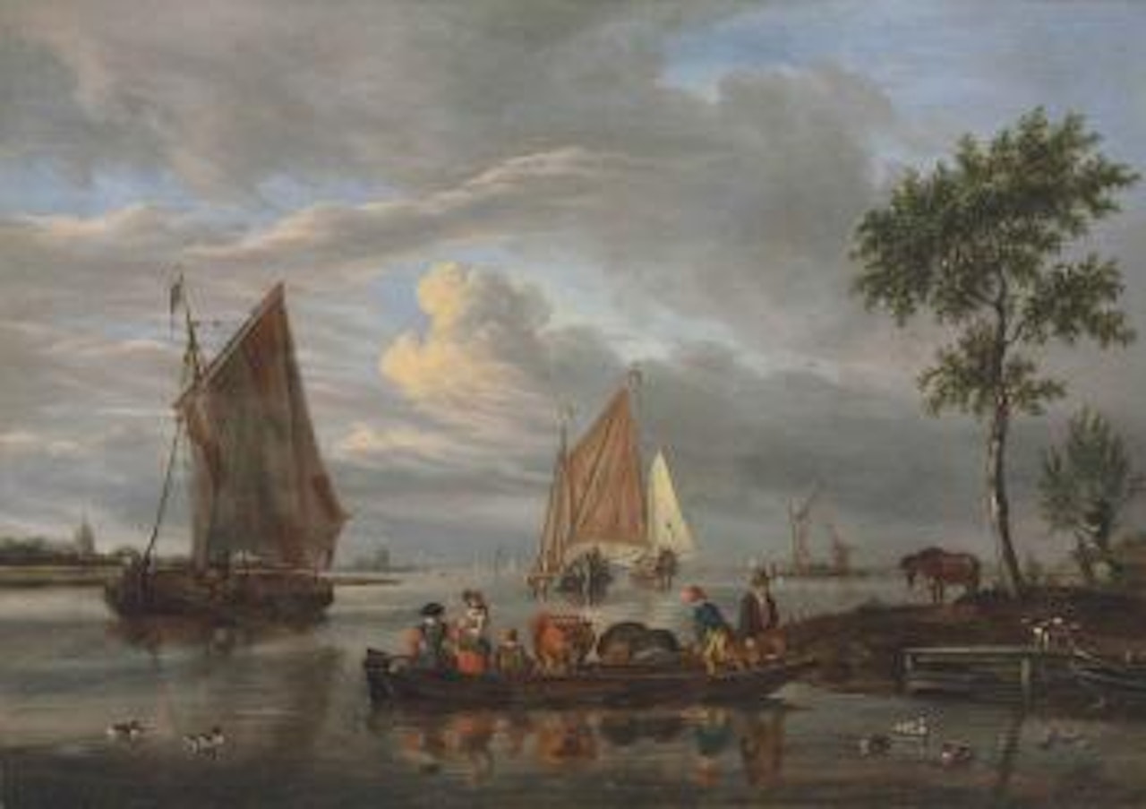 A River Landscape with a Ferry in The Foreground, Other Shipping Beyond by Abraham Storck
