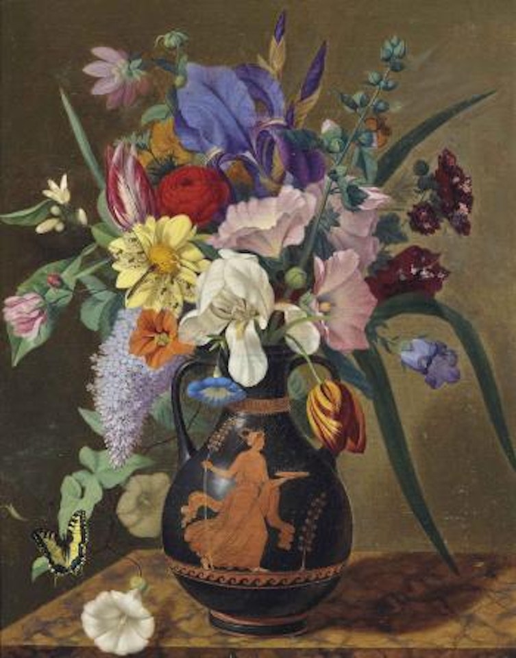 Tulips, Iris, Convolvulus and summer flowers in an Etruscan vase on a marble ledge by Adolf Senff