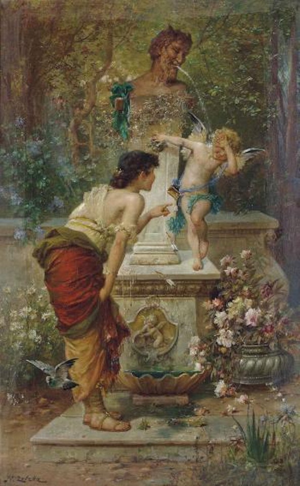 Cupid plays at the water fountain by Hans Zatzka