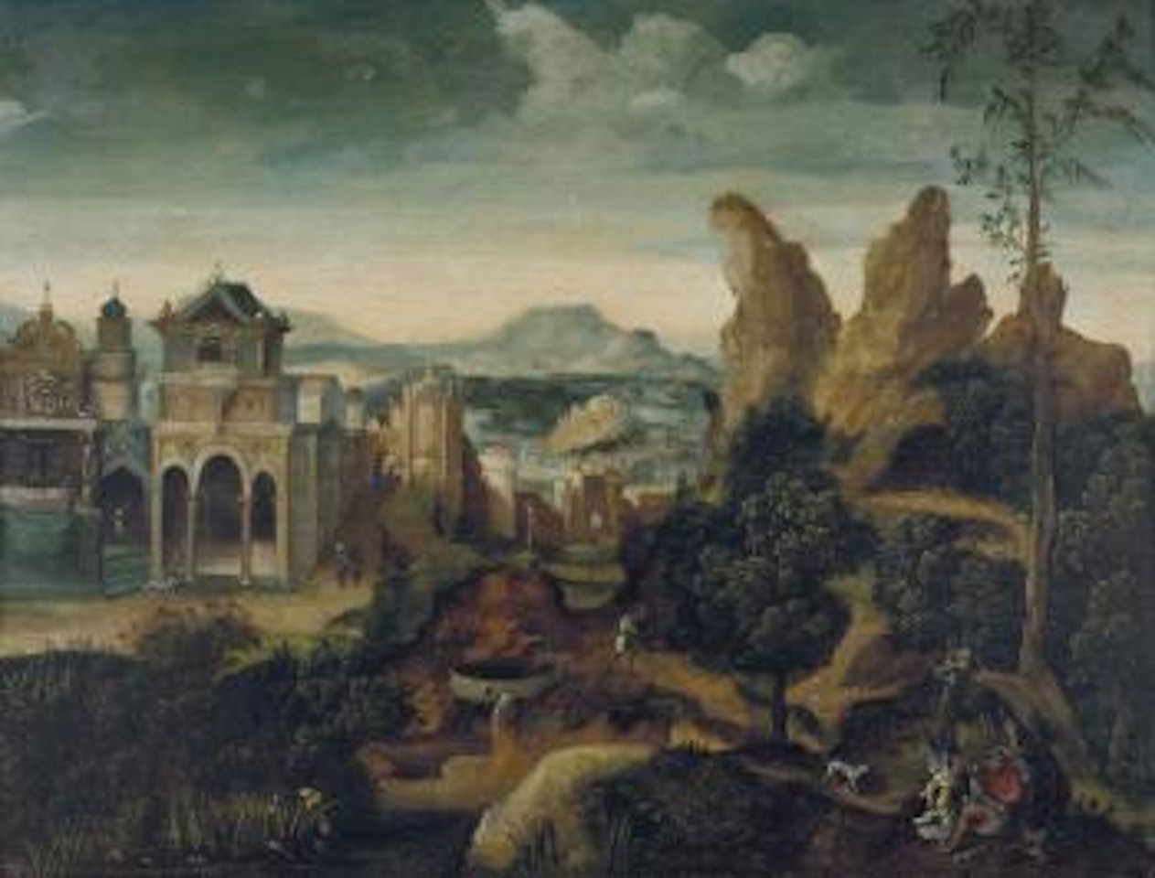 A mountainous landscape with the Feast of Herod and the Dream of Joseph by Herri met de Bles
