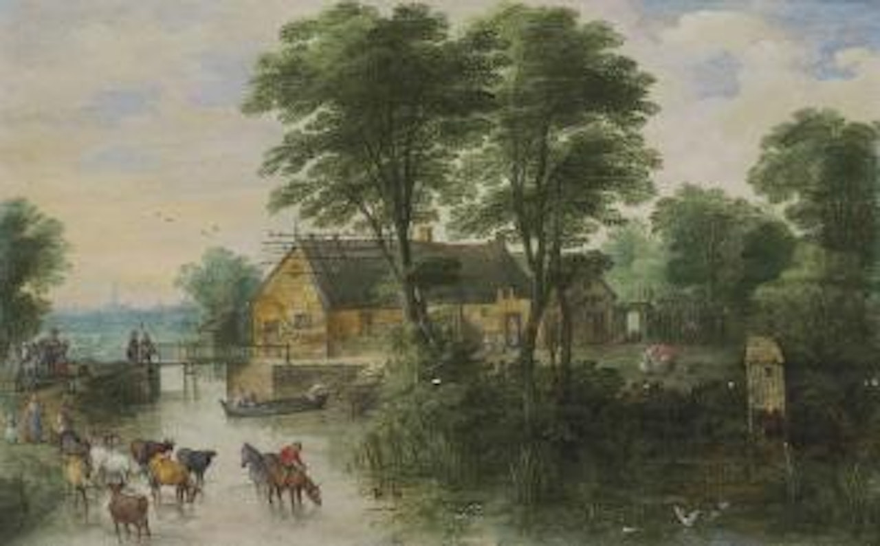 A river landscape with cottages and cattle, a city, possibly Antwerp, beyond by Jan Brueghel by Joos de Momper the Younger