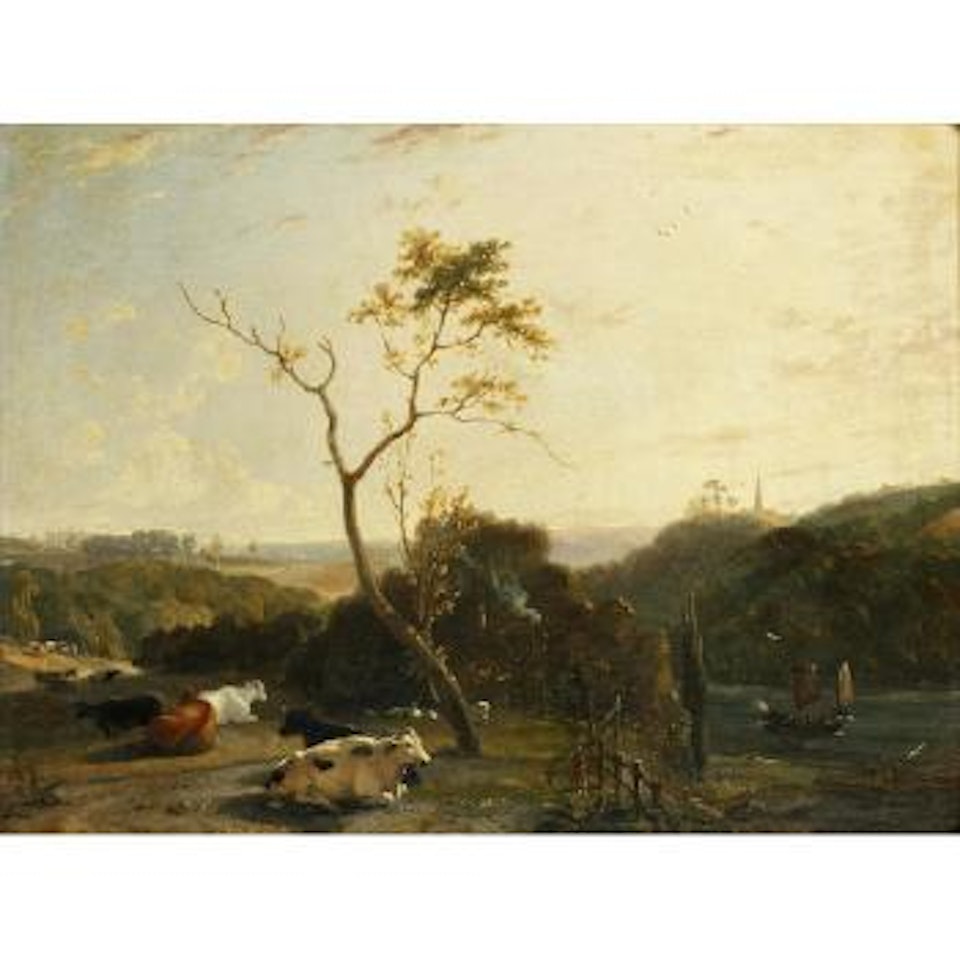 Cattle in a rolling landscape by English School