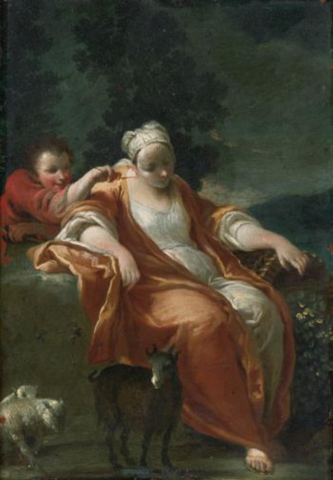 A Shepherdess resting, with a young boy tickling her ear by Giuseppe Maria Crespi