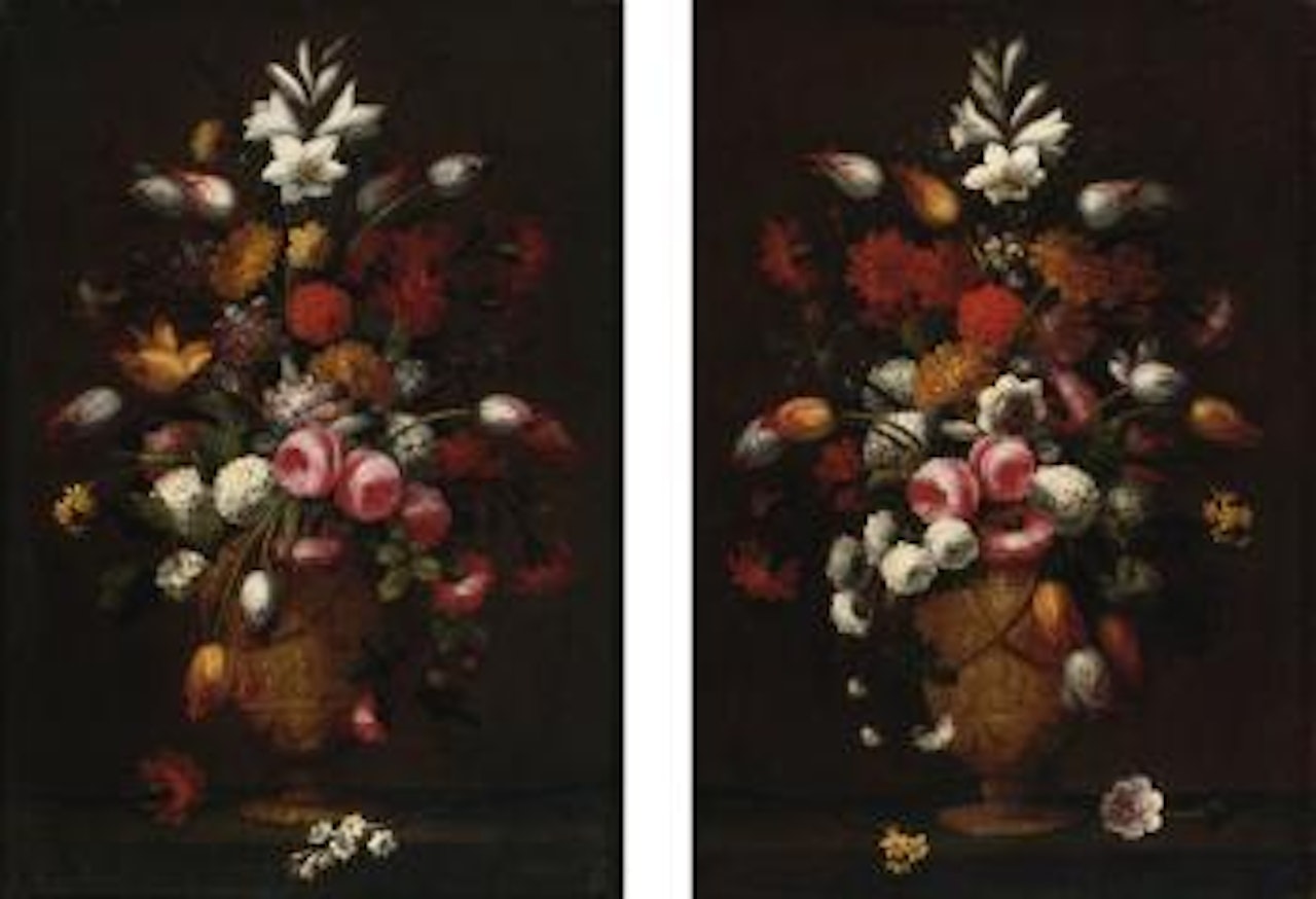 Tulips, Irises, Roses And Other Flowers In A Gilt Urn On A Ledge; And A Companion Still Life: A Pair by Spanish School