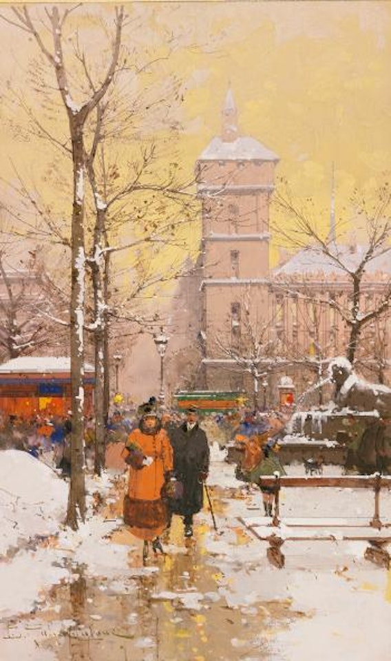 La place du Châtelet et la conciergerie sous la neige by Eugene Galien-Laloue