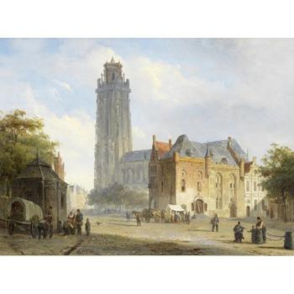 A sunlit town square with a cathedral in the distance by Cornelis Springer