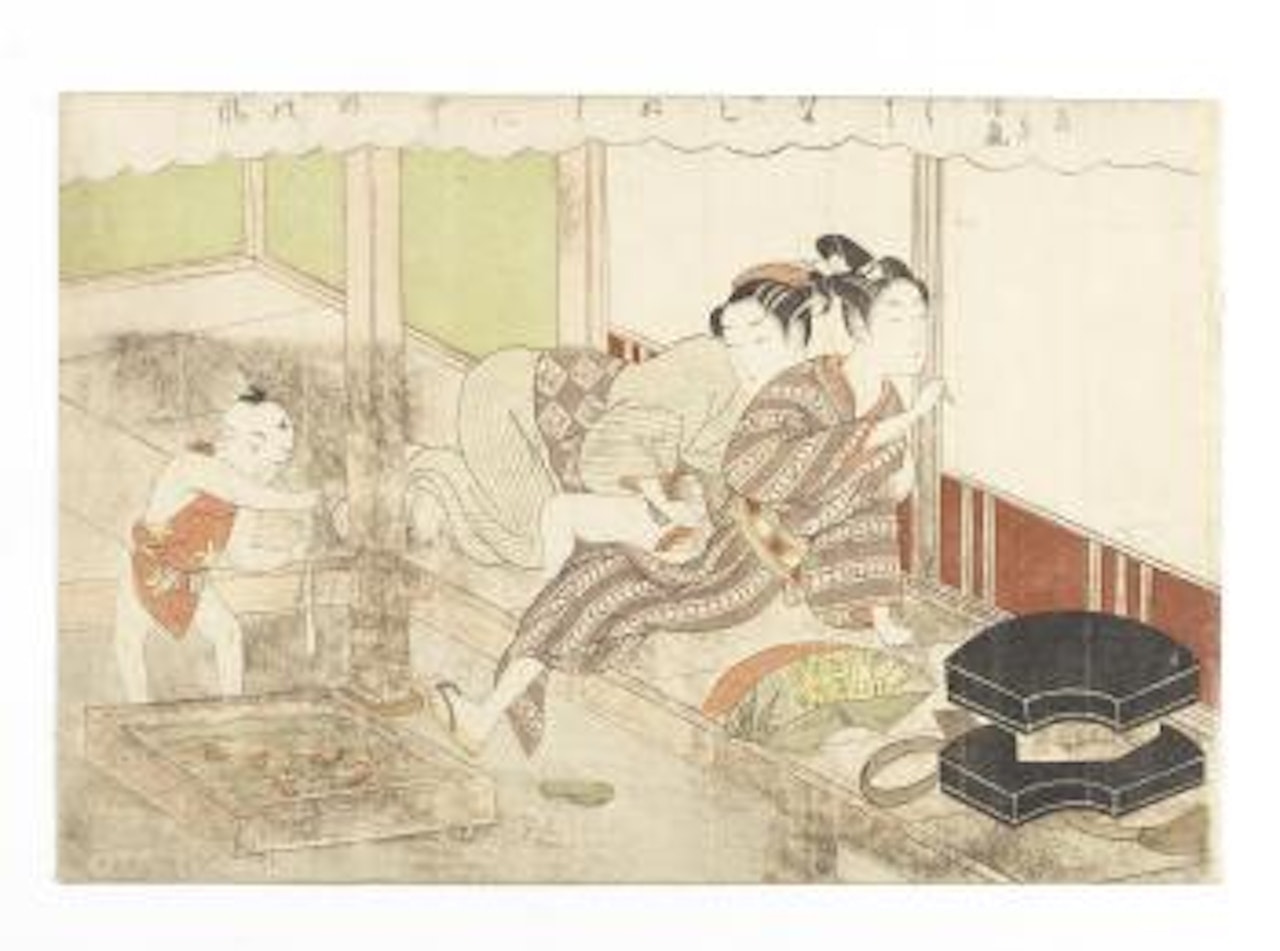 Sensu no seiran [Clearing storm of the folding fan]. Shiohama no shugetsu [Autumn moon shining over the beach at Shio] by Suzuki Harunobu
