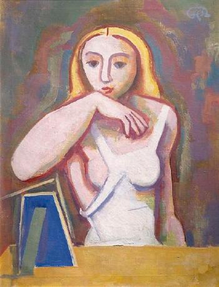 Mädchen frontal vor Tisch mit Spiegel by Karl Hofer