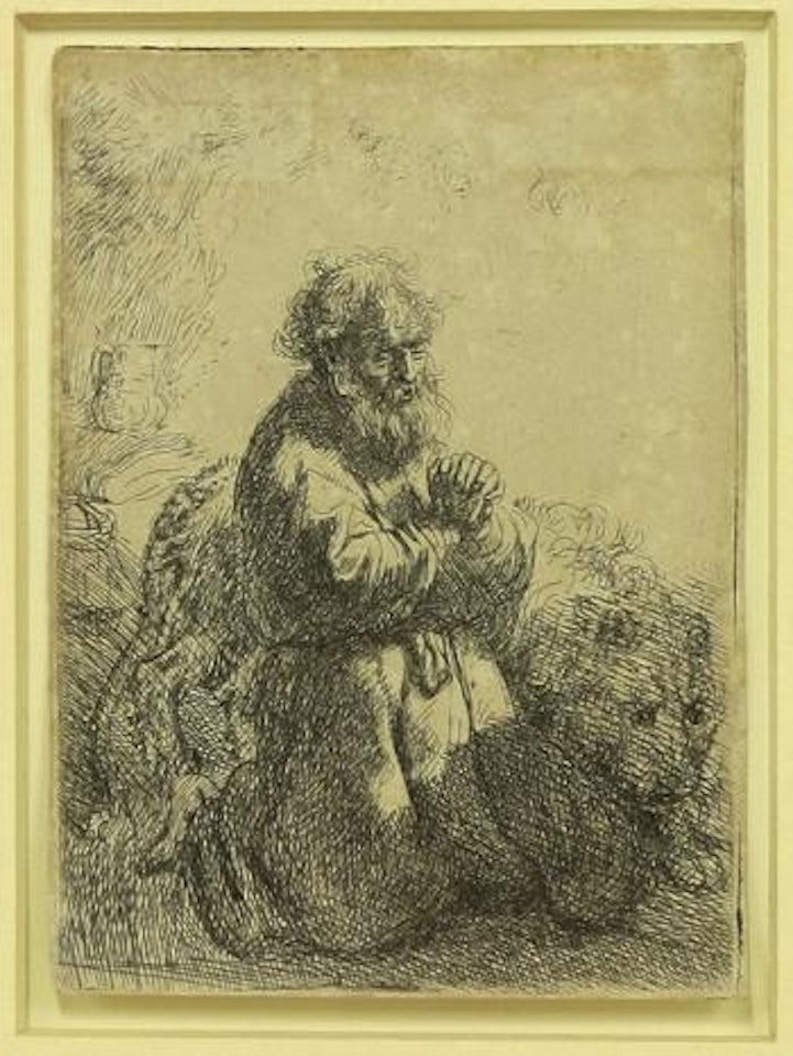 Saint Jerome kneeling in prayer, looking down by Attributed to Rembrandt Harmensz van Rijn