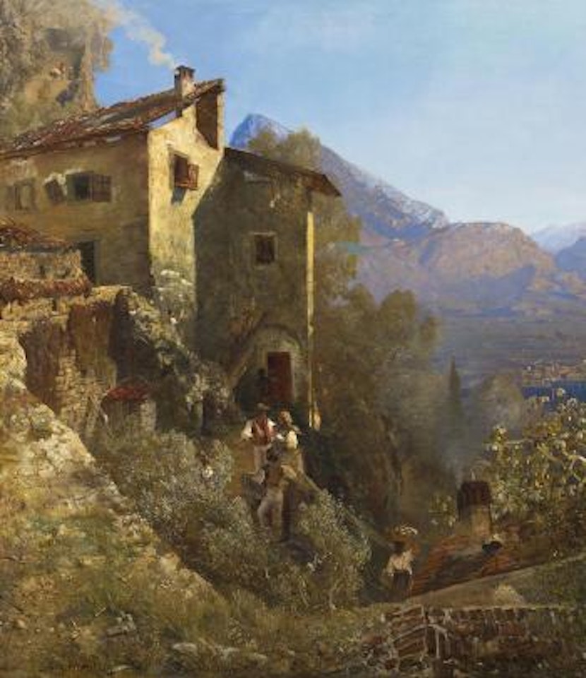 Homestead on a Lake, presumably Lake Como by Oswald Achenbach