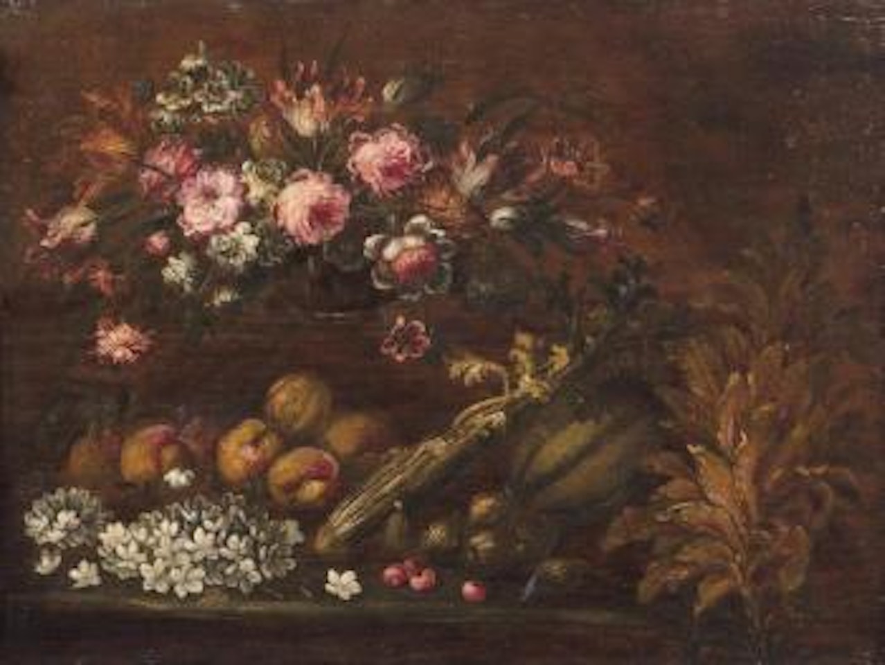 Bouquet de fleurs et fruits sur un entablement by Italian School