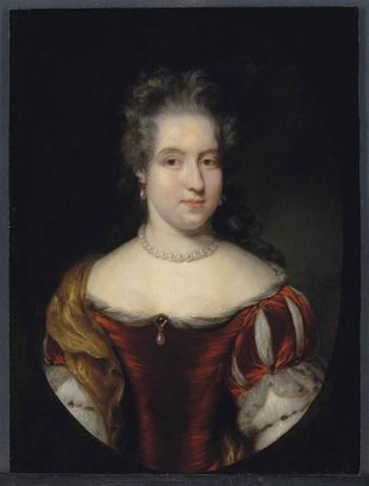 Portrait of a lady, possibly from the Scholte family, half-length, in a red dress and pearl necklace by Nicolaes Maes