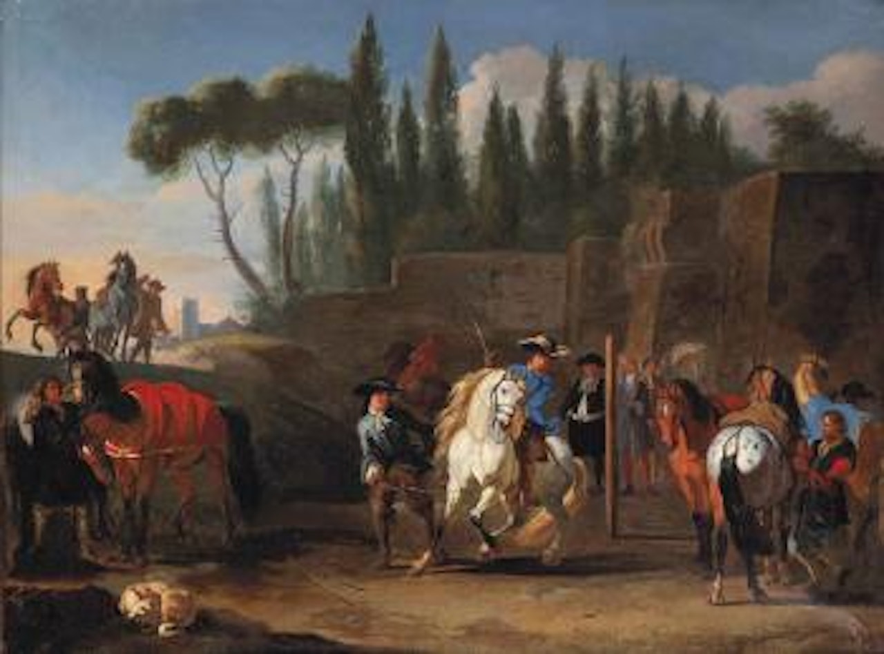 An Italianate Landscape with a White Stallion Being Trained At a Riding School by Pieter van Bloemen
