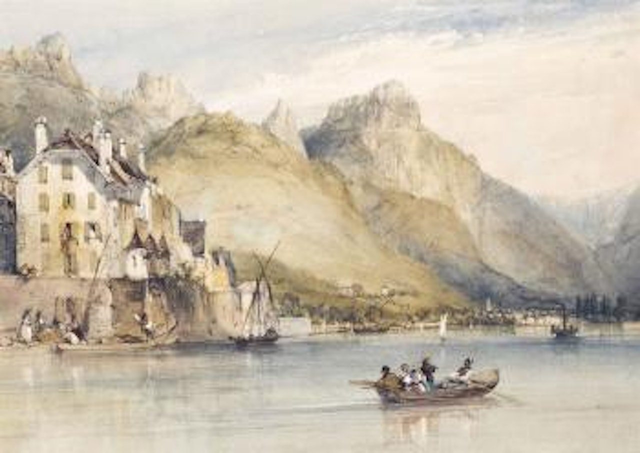 Figures on a boat on a Swiss lake by William Callow