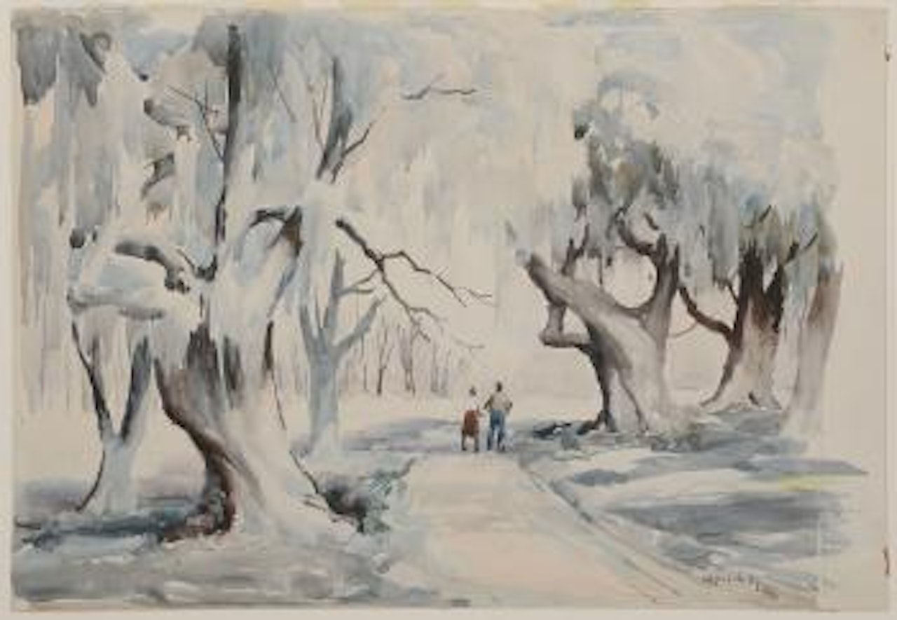 Figures on a Tree-Lined Lane by Alfred Hutty