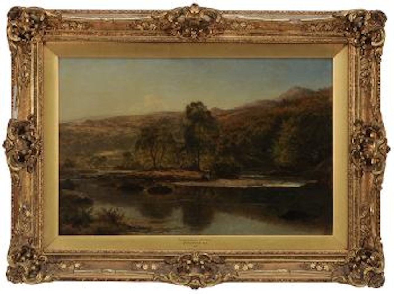 On the Llugwy, North Wales, a couple on a sandy point on an island by Benjamin Williams Leader