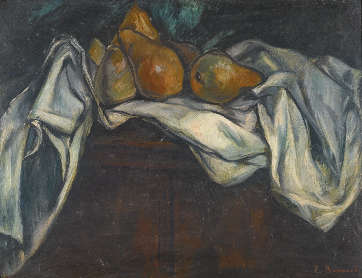 NATURE MORTE AUX POIRES SUR NAPPE BLANCHE by Emile Bernard