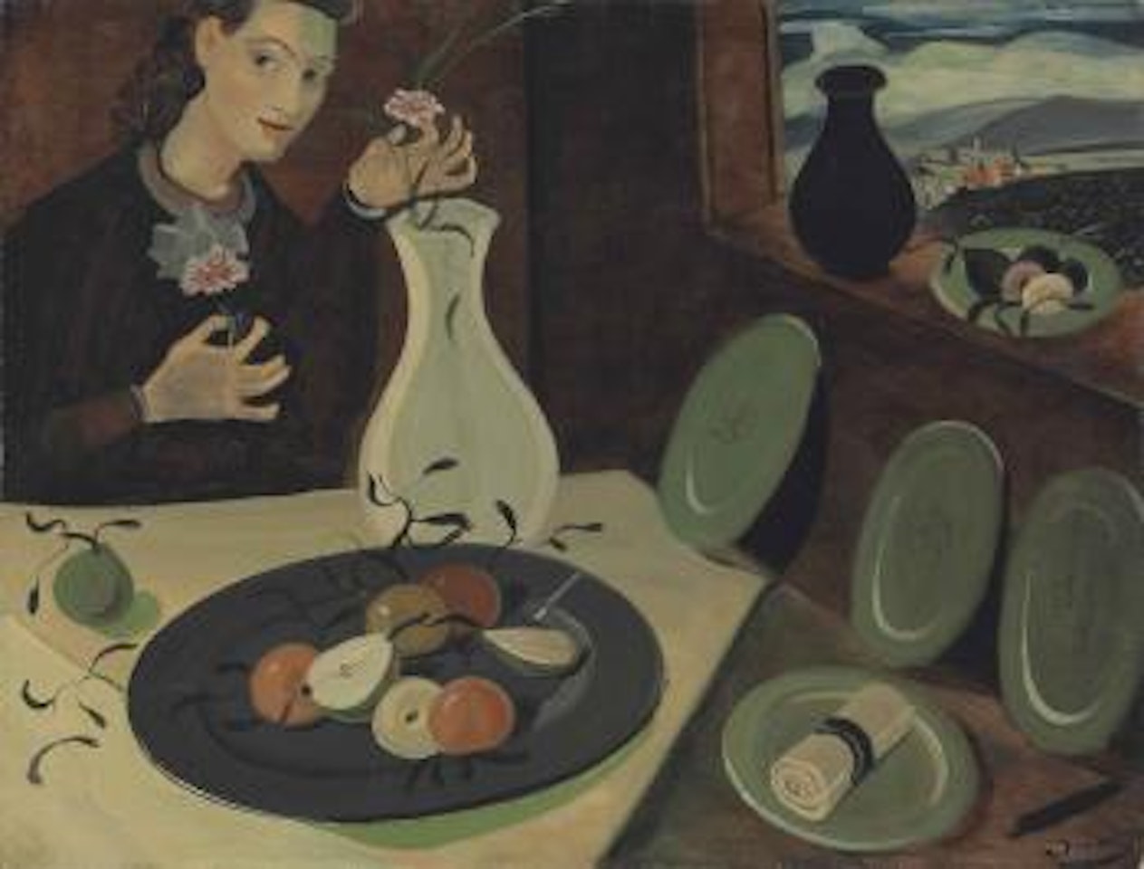 Assiette de fruits et femme disposant des fleurs dans un vase by Andre Derain
