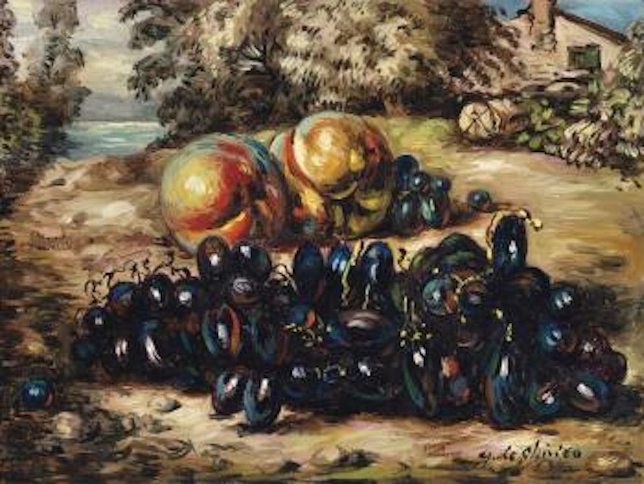 Vita silente di frutta in un paese by Giorgio de Chirico