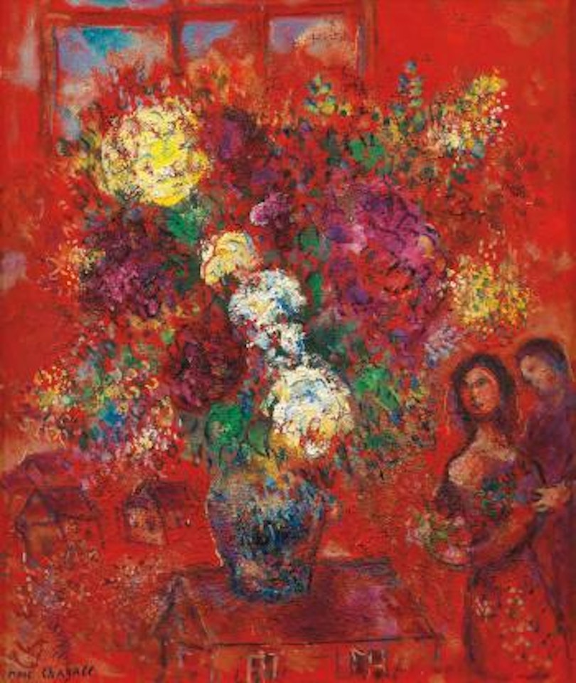 Le bouquet Au fond rouge by Marc Chagall