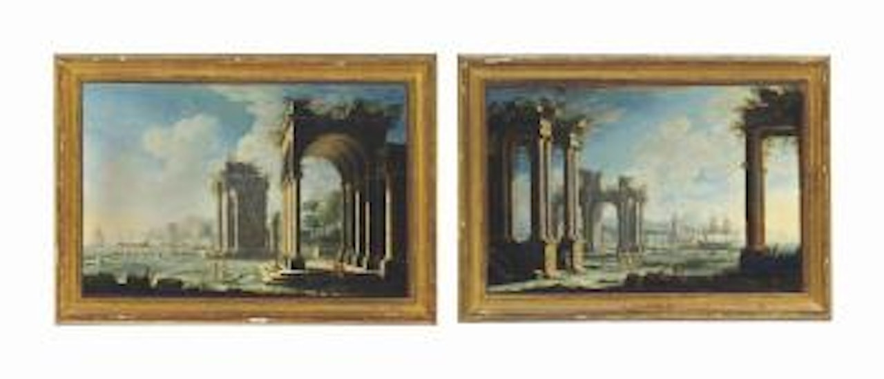 An Italianate coastal landscape with figures by classical ruins, a harbour beyond; and An Italianate coastal landscape with figures by a colonnade and a harbour by Gennaro Greco