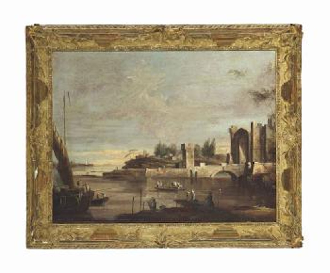 An architectural capriccio with figures on a shore and figures on a ferry, shipping beyond by Apollonio Domenichini
