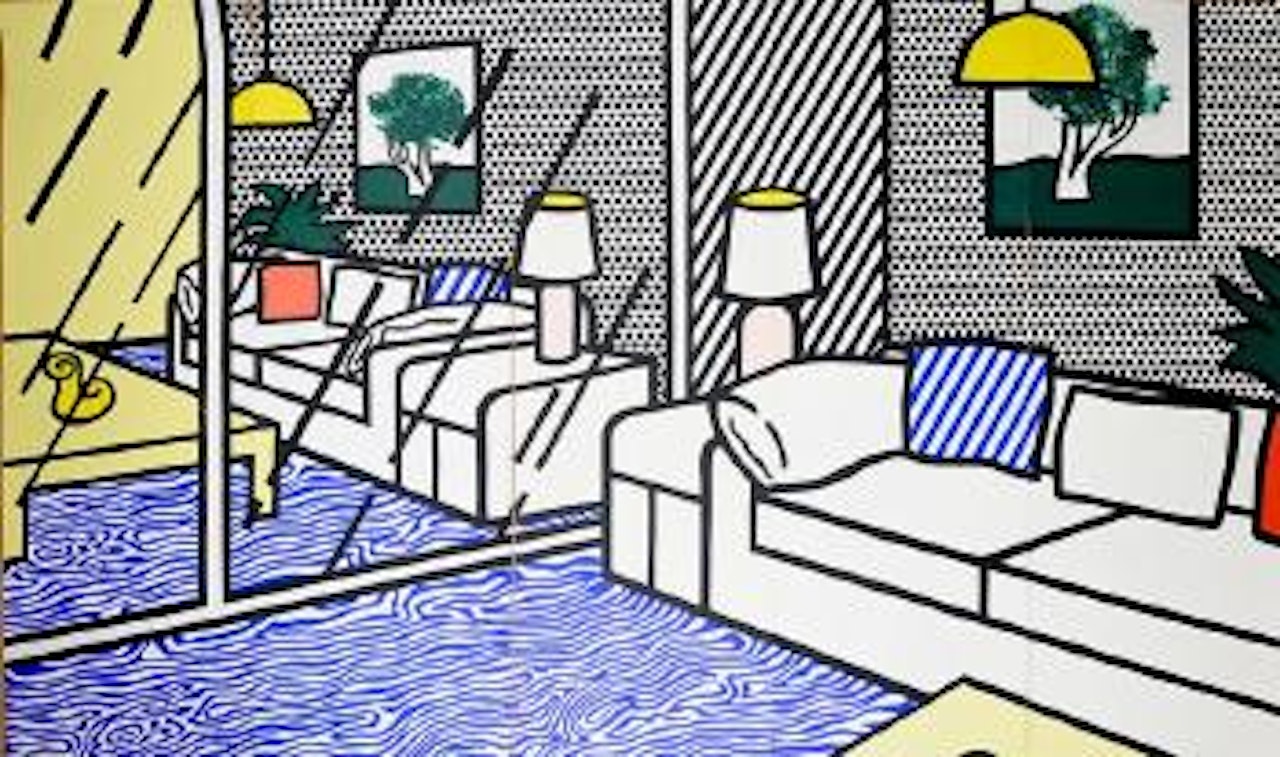 Wallpaper with blue floor interior by Roy Lichtenstein