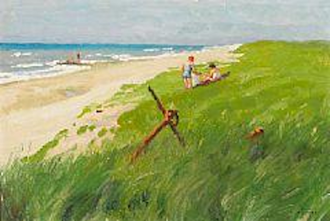 Et rustent Anker ved Stranden.  A rusty anchor on the beach.  Women and children on the beach by Paul Fischer